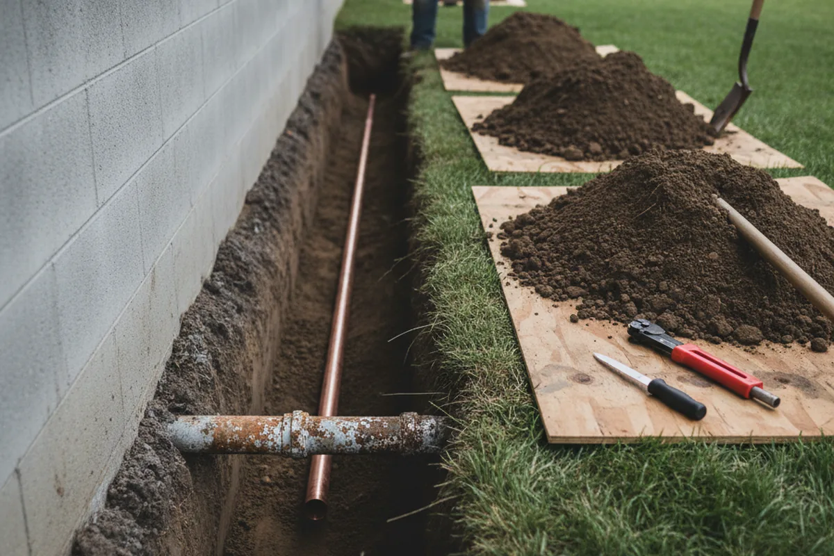 Excavated water line trench during Sewer Line Repair in Kimberton